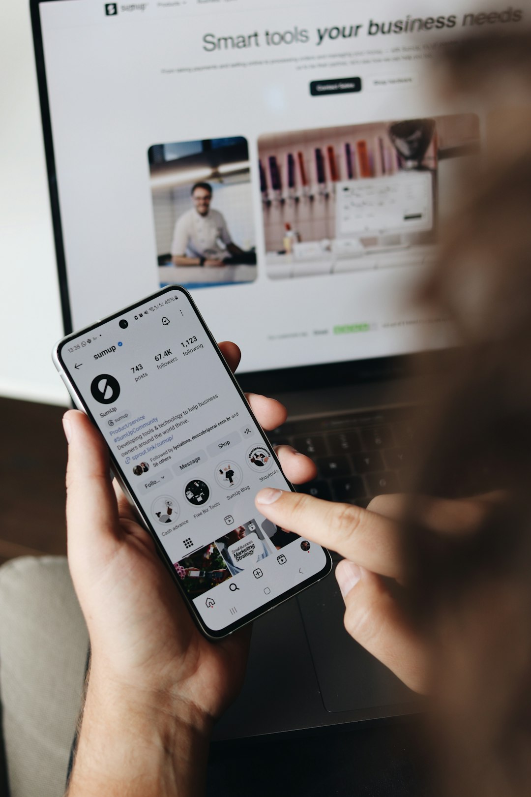 Viewing SumUp’s Instagram profile on a smartphone, which shares tips and tools for small business owners and entrepreneurs to manage payments and grow their businesses with SumUp’s fintech solutions.